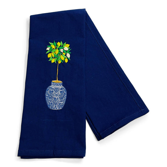 Towel - Lemon Tree in Blue and White Planter Pot on navy