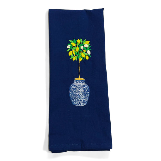 Towel - Lemon Tree in Blue and White Planter Pot on navy