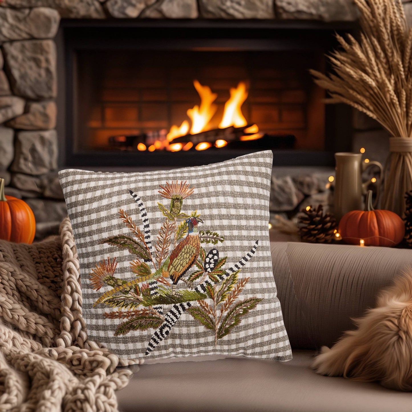 Harvest Pheasant Embroidered Pillow