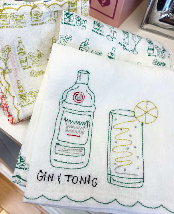Hand Embroidered Linen Tea Towel, set of 2