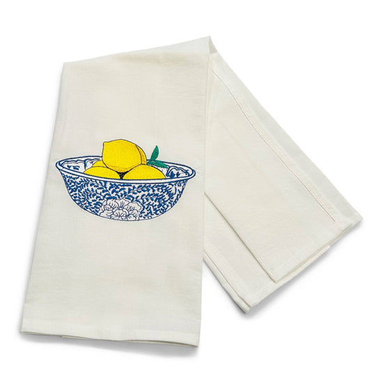 Towel - Lemons in a Blue and White Chinoiserie Dish on white