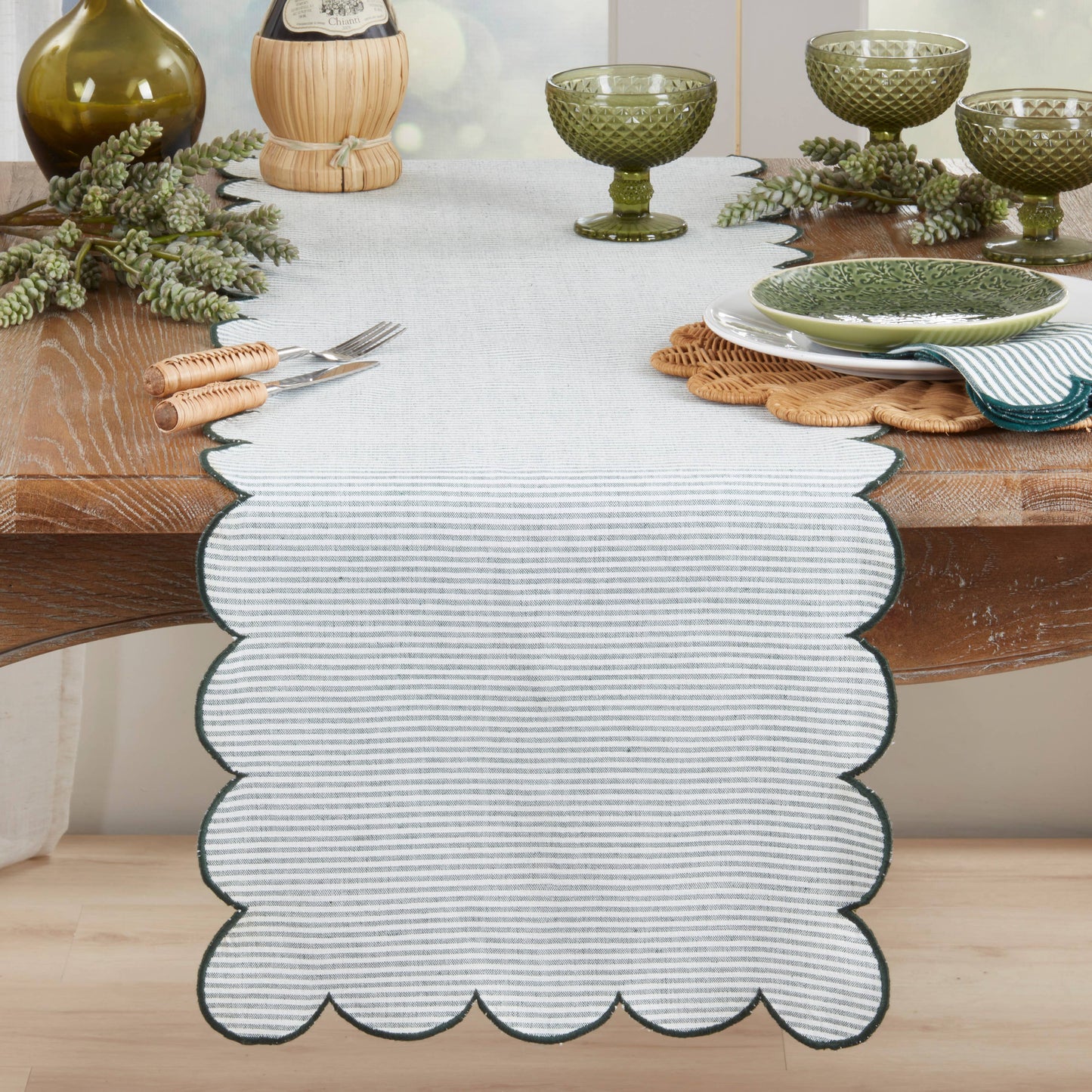 Cotton Striped Scalloped Decorative Table Runner