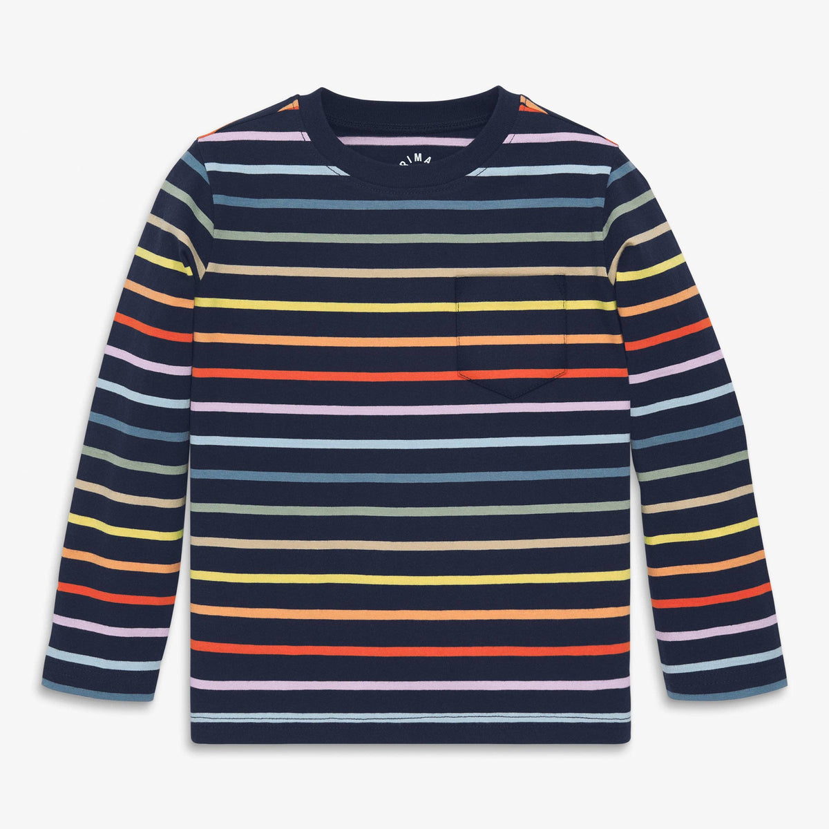 Kids long sleeve pocket tee in rainbow stripe