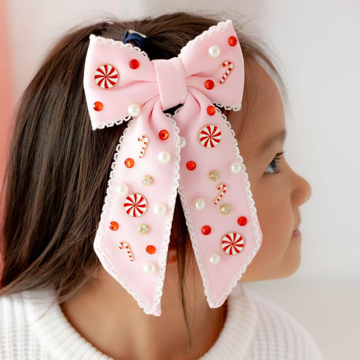 Candy Cane Christmas Gemstone Bow Clip - Kids Hair Accessory