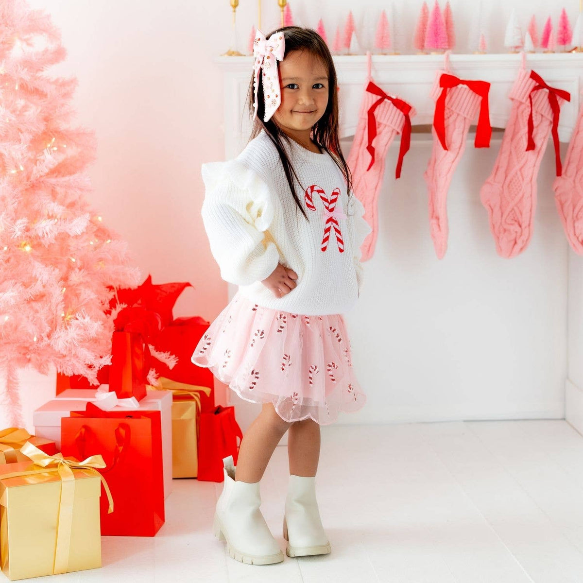 Candy Cane Christmas Gemstone Bow Clip - Kids Hair Accessory