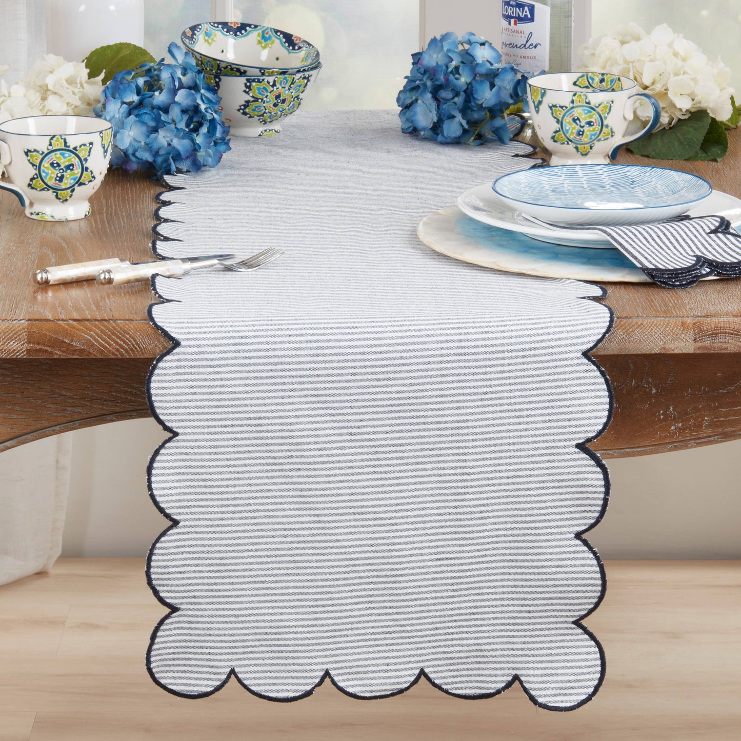 Cotton Striped Scalloped Decorative Table Runner