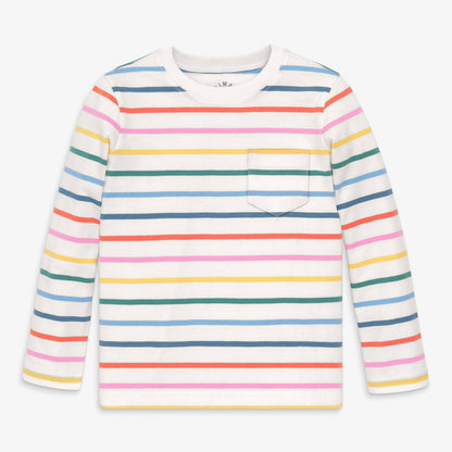 Kids long sleeve pocket tee in rainbow stripe