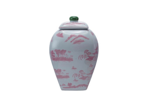 8" Square x 12-1/4"H Pink and White Stoneware