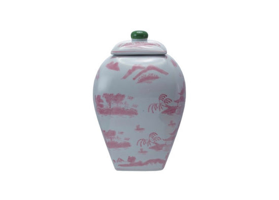 8" Square x 12-1/4"H Pink and White Stoneware