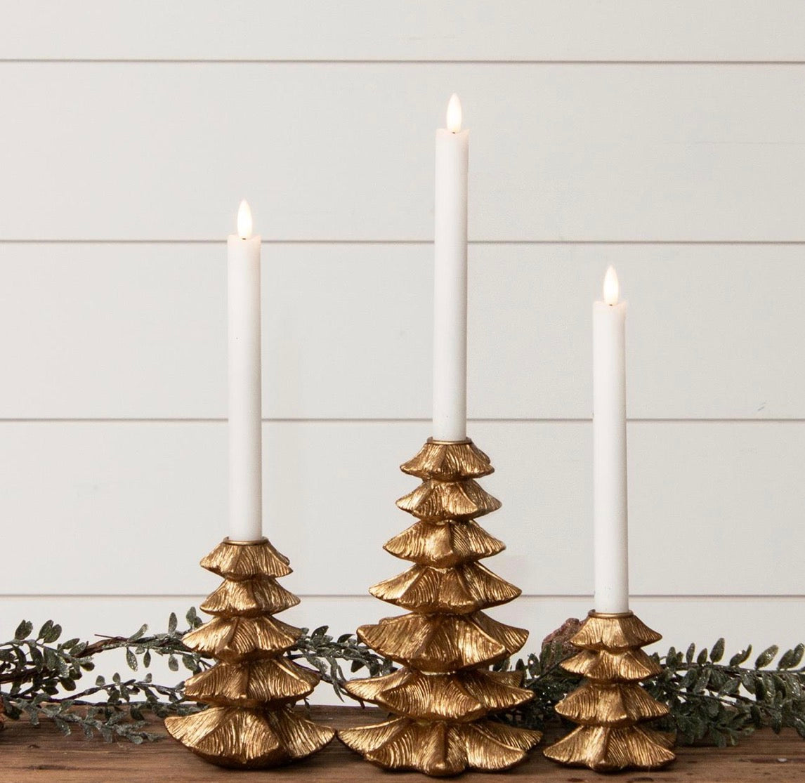 SET OF THREE GOLD FINISH CHRISTMAS TREE CANDLE HOLDER