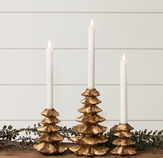 SET OF THREE GOLD FINISH CHRISTMAS TREE CANDLE HOLDER