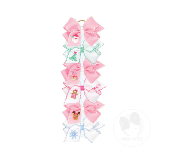 Assorted Medium Grosgrain Hair Bows with Moonstitch Edge and Pink Christmas Embroidery