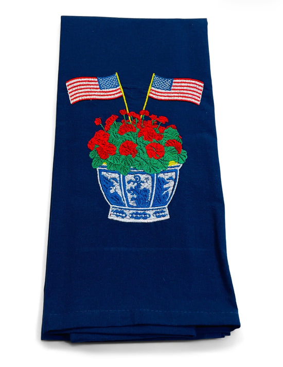 Geranium in Planter with American Flags on Navy