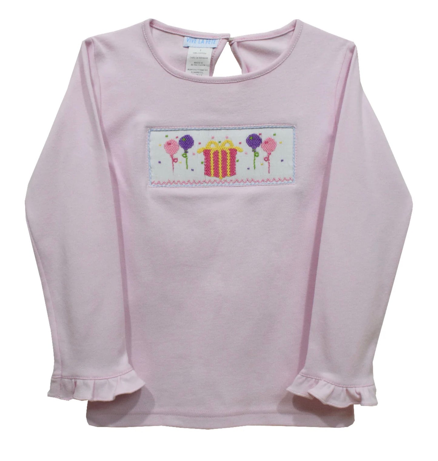Birthday Smocked Light Pink Knit Ruffle Long Sleeve Girls Tee Shirt