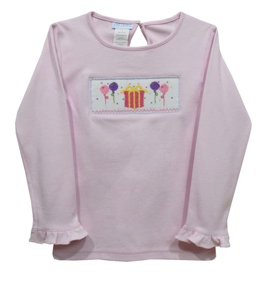 Birthday Smocked Light Pink Knit Ruffle Long Sleeve Girls Tee Shirt