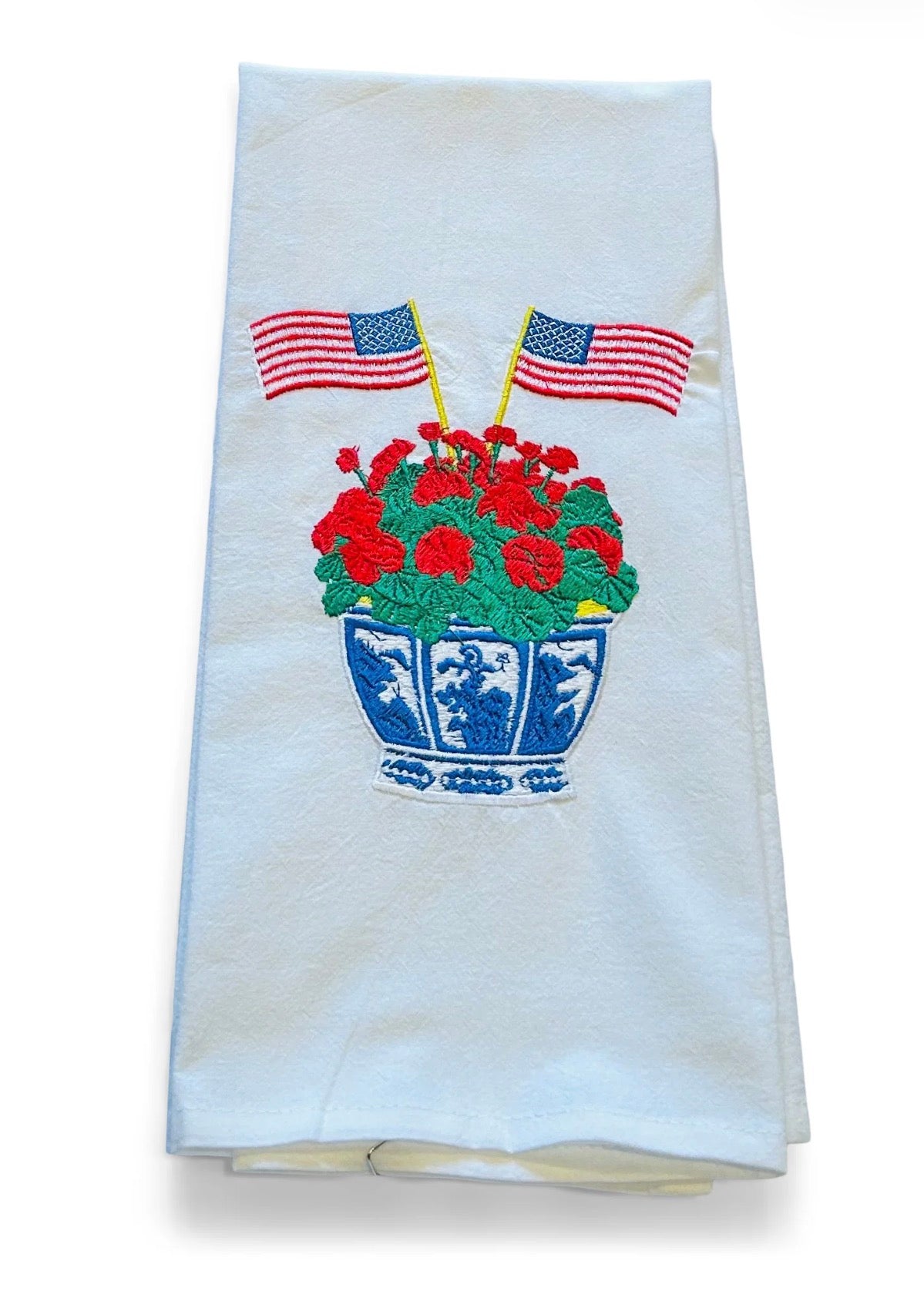 Geranium in Planter with American Flags on White