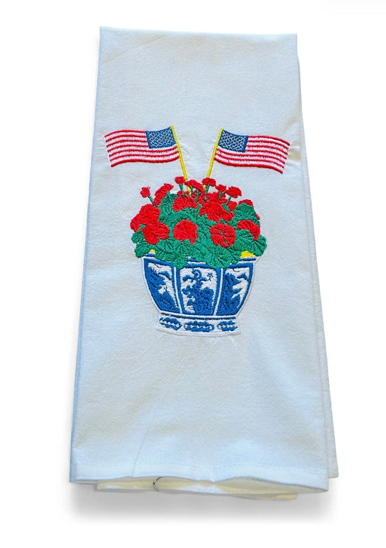 Geranium in Planter with American Flags on White
