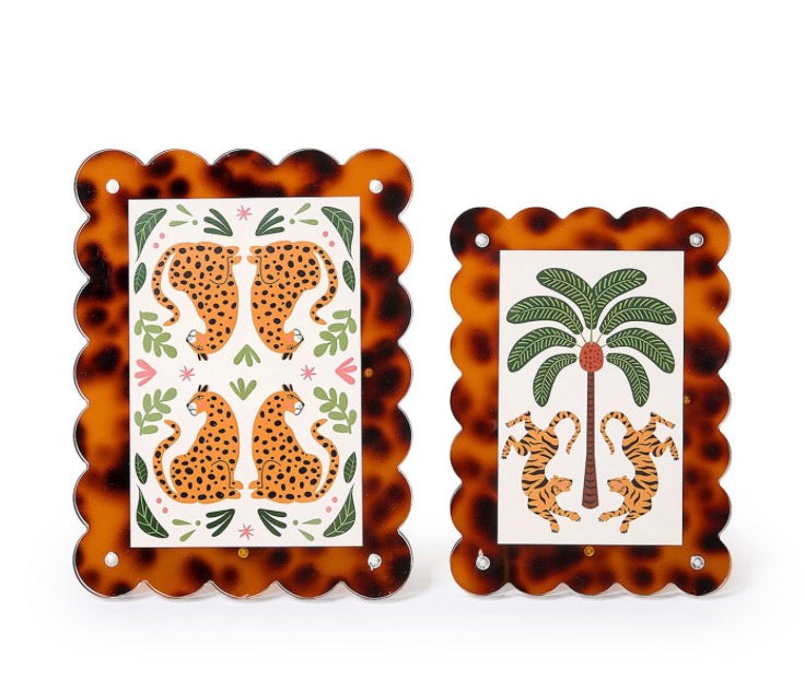 Tortoise Print Scalloped Edge Acrylic Photo Frames 4" x 6" and 5" x 7" (stands horizontally and vertically) - Acrylic/Iron