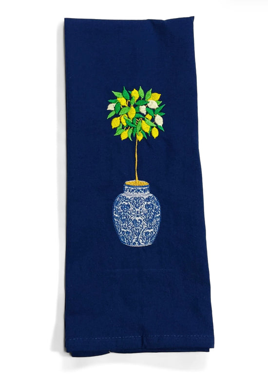 Lemon Tree in Blue and White Planter Pot on Navy