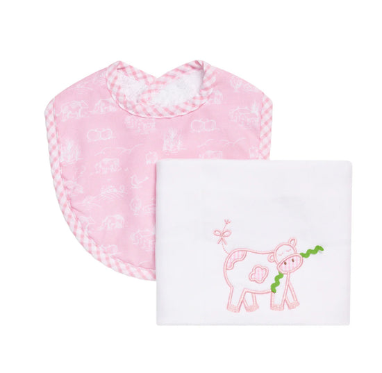 Pink Cow Bib and Burp Box Set