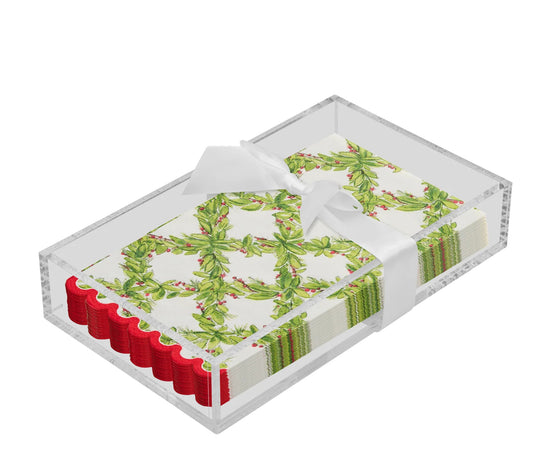Acrylic Napkin Tray with Holly Berry Guest Towels