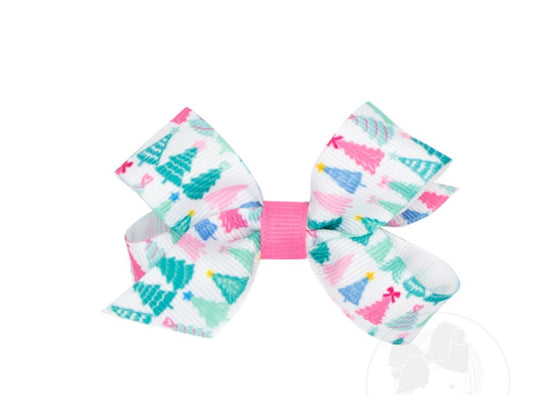 Mini Pink Christmas Tree Print Grosgrain Hair Bow