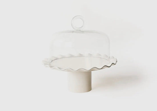 Signature White Ruffle Large Cake Stand with Glass Dome