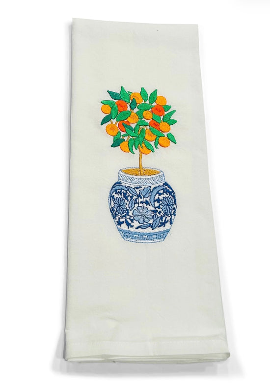 Orange Tree in Blue and White Planter Pot on White