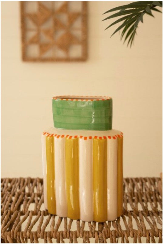 Ceramic Multi-Colored Vase with Green Neck