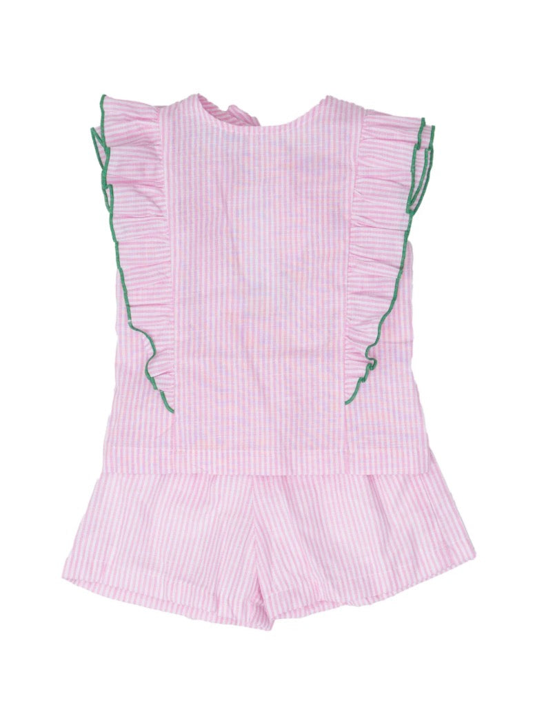 Frances Pink Stripe w/ Green Trim Romper