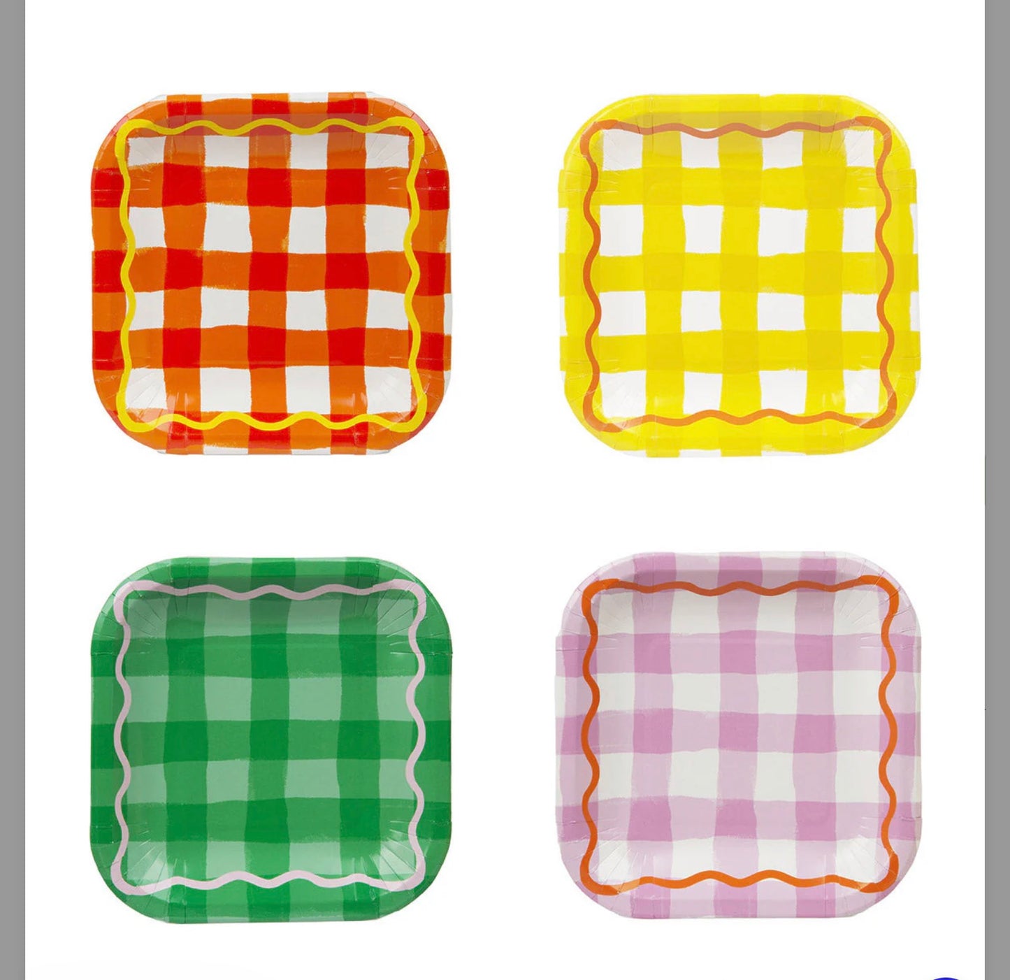 12 pack of colored gingham square paper plates