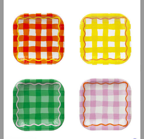 12 pack of colored gingham square paper plates
