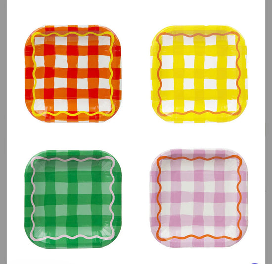 12 pack of colored gingham square paper plates