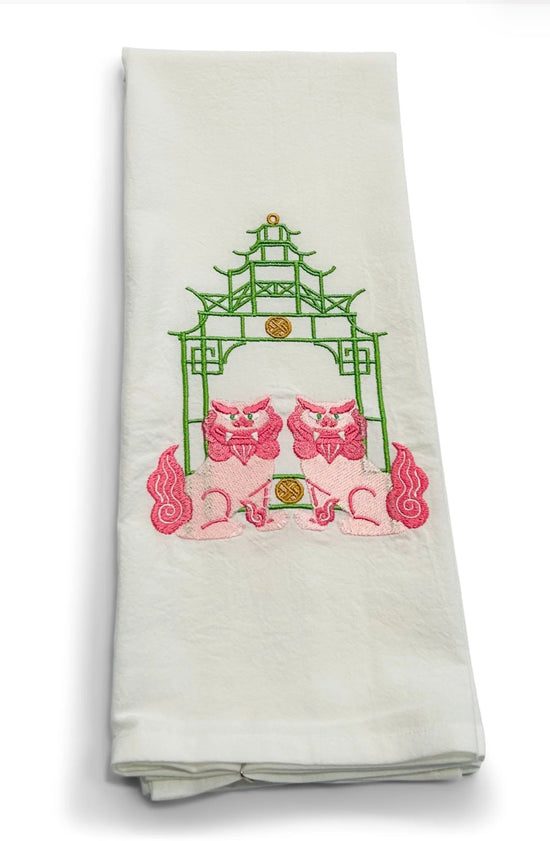 Pink Shisa Lions with Green Pagoda on White