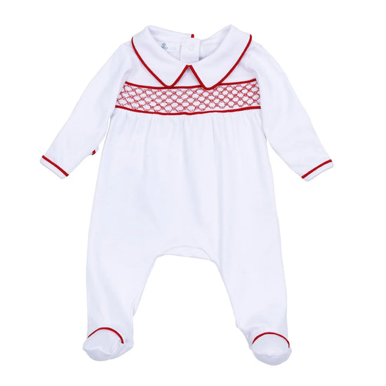 Magnolia Baby Red and White Essentials Smocked Boy Footie