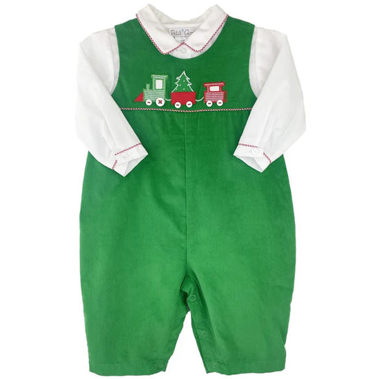 Green Corduroy Longall with Christmas Train Appliqué and White Shirt