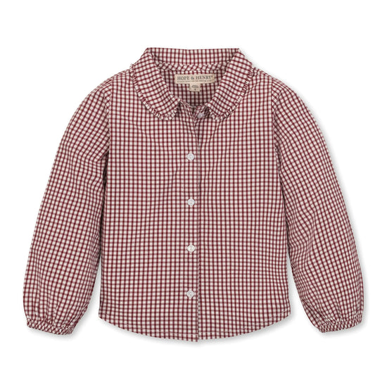 Girl’s Dark Red Check Peter Pan Collar Top