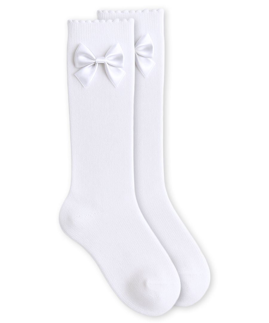 Satin Bow Scalloped Top Cotton Knee High Sock