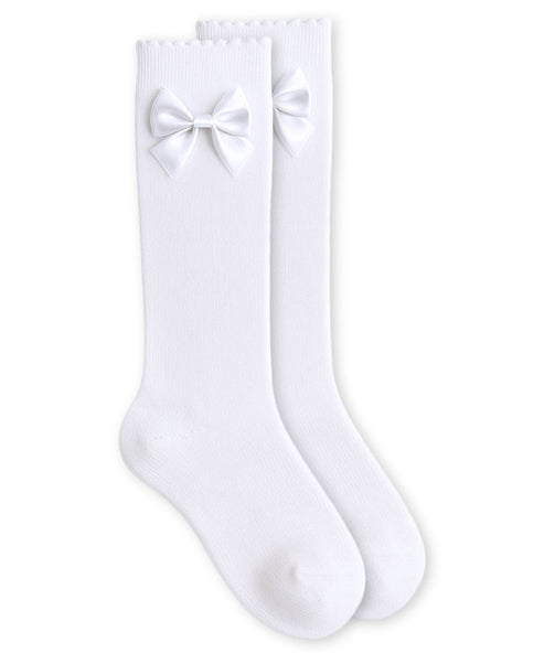 Satin Bow Scalloped Top Cotton Knee High Sock