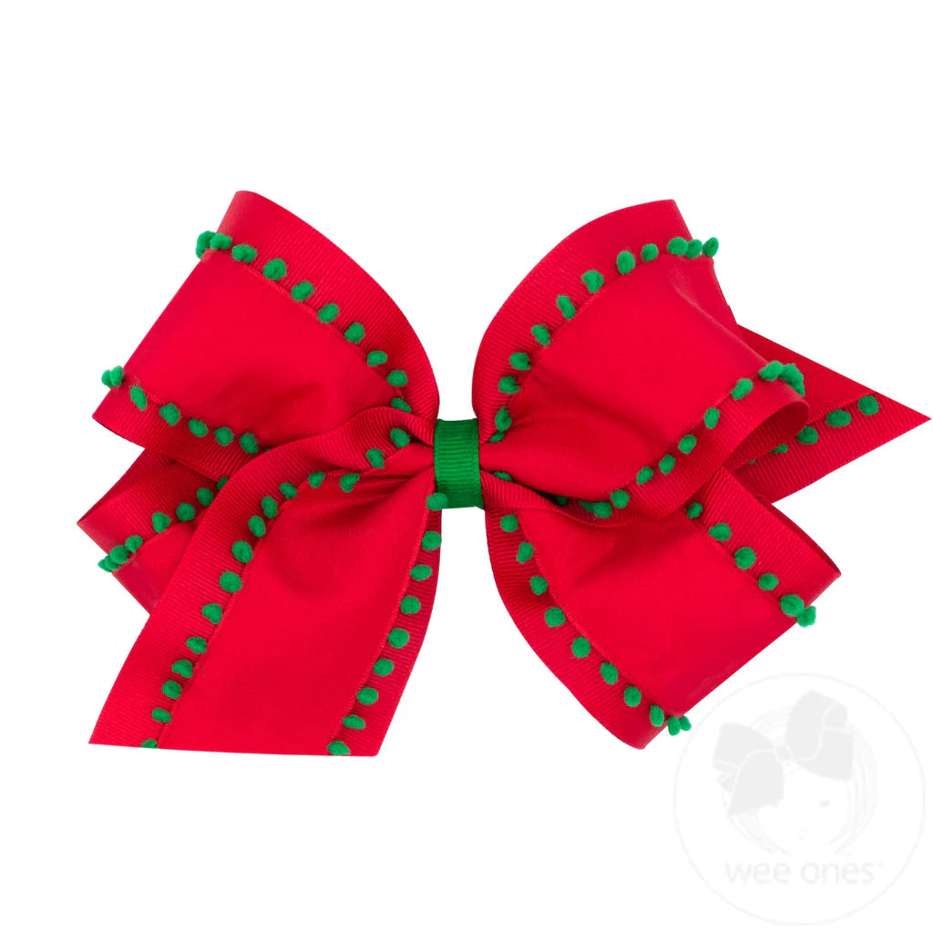 Medium Holiday Style Pom-Pom Edge Grosgrain Overlay Girls Hair Bow