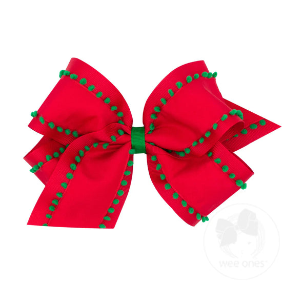 Medium Holiday Style Pom-Pom Edge Grosgrain Overlay Girls Hair Bow