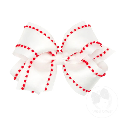 Medium Holiday Style Pom-Pom Edge Grosgrain Overlay Girls Hair Bow