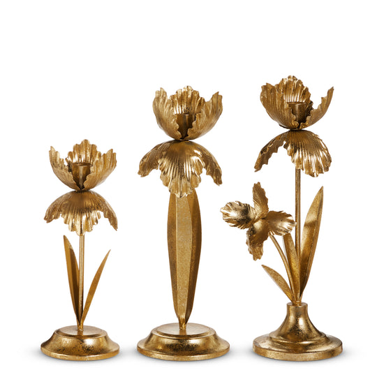 Set of 3 Gold Flowers Candle Holders