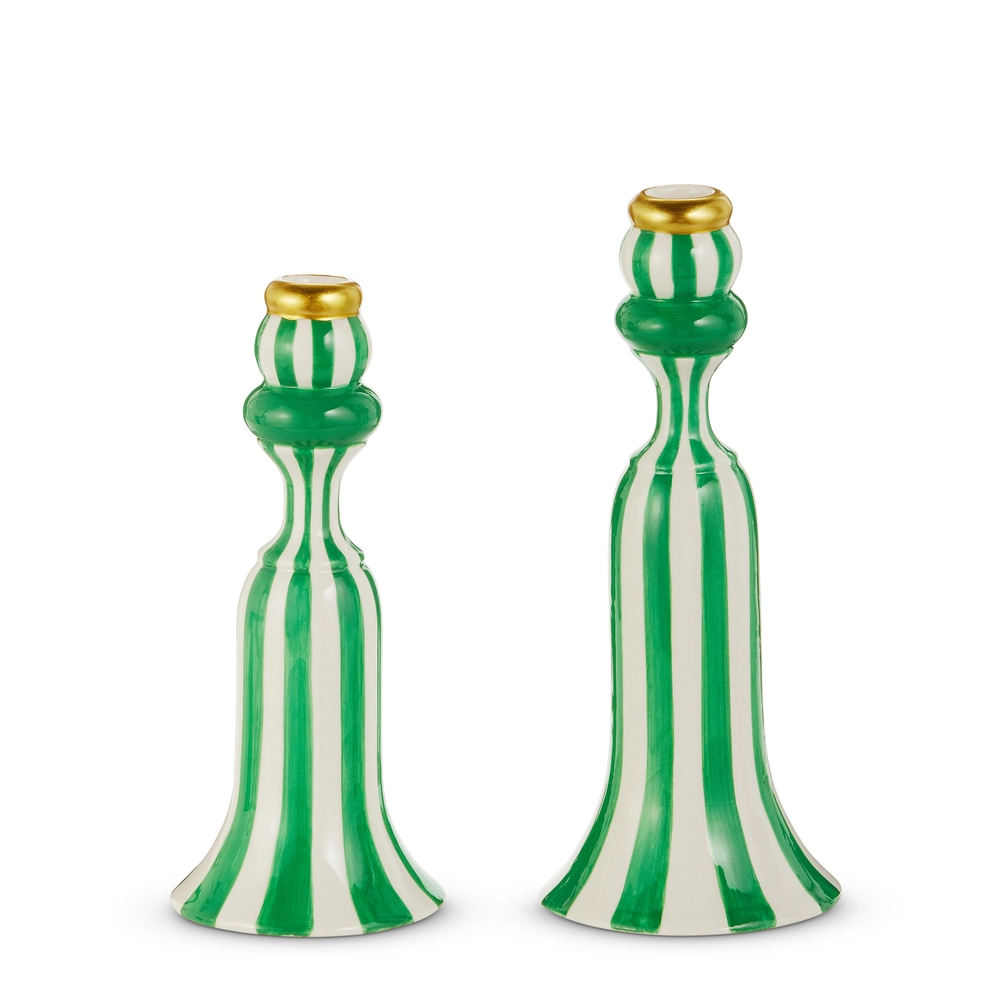 Set of 2 10” Green Stripe Candlesticks