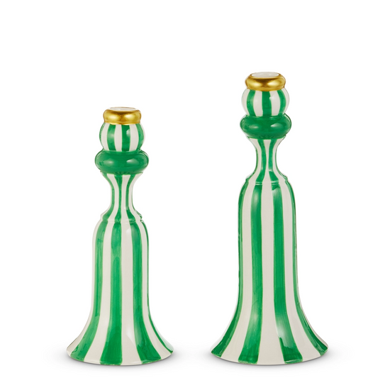 Set of 2 10” Green Stripe Candlesticks