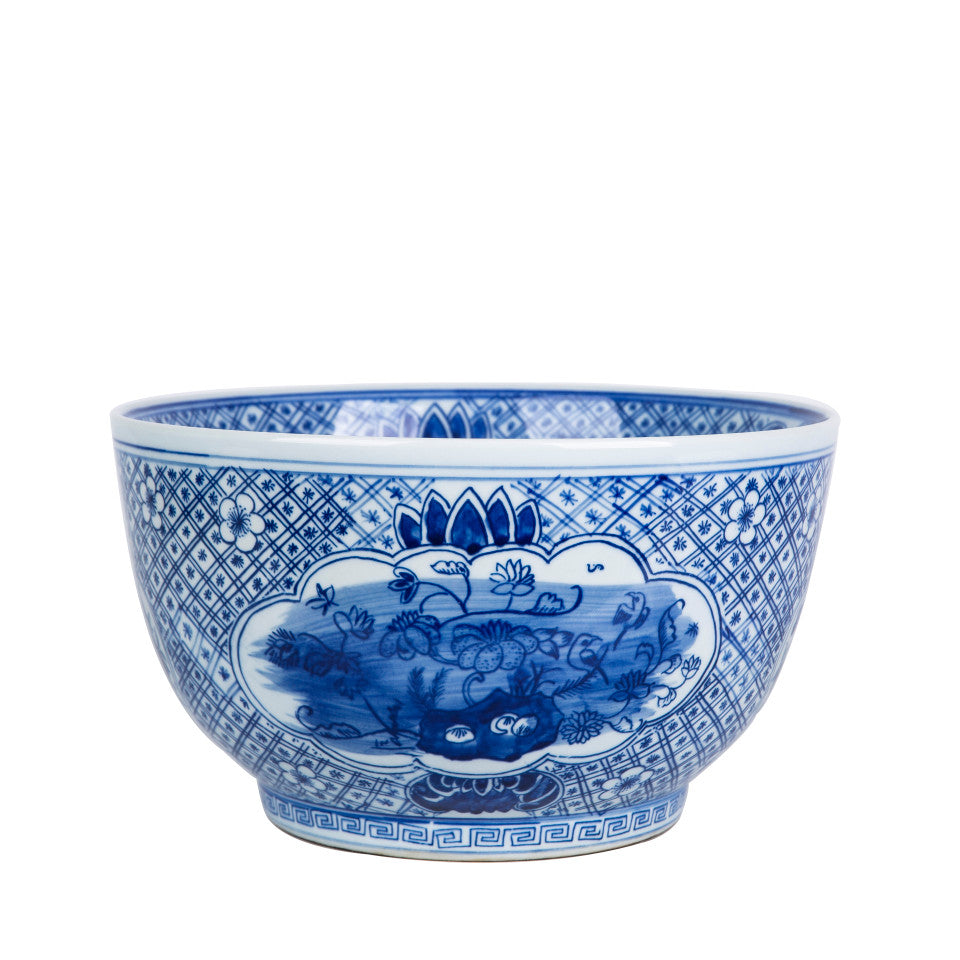 Blue And White Medallion Flower Bird Bowl
