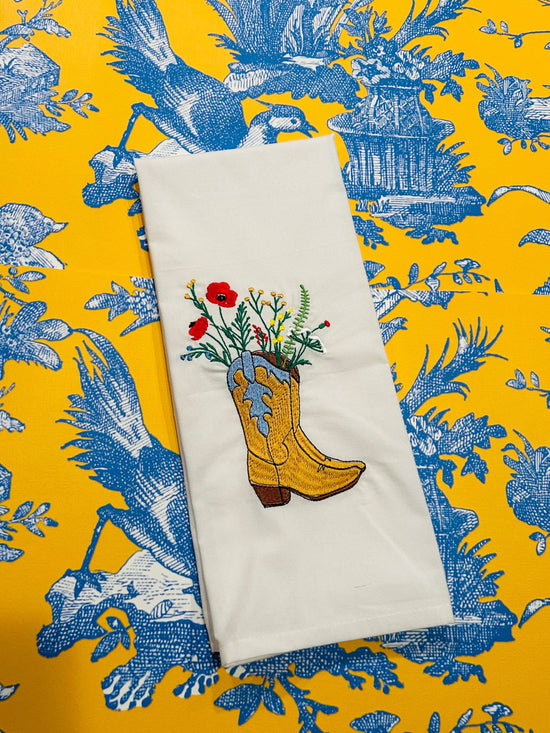 Towel - Gold Cowboy Boots with Wildflowers on white