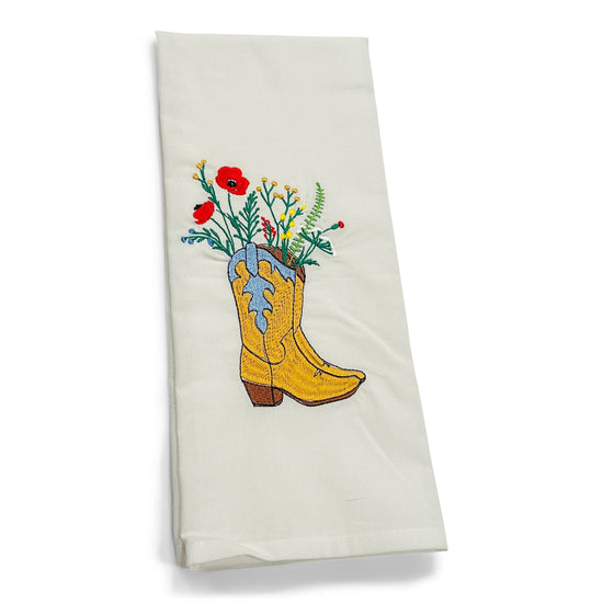 Towel - Gold Cowboy Boots with Wildflowers on white